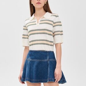 Reformation Cream Striped Short Sleeve Polo Top with Green and Yellow Stripes